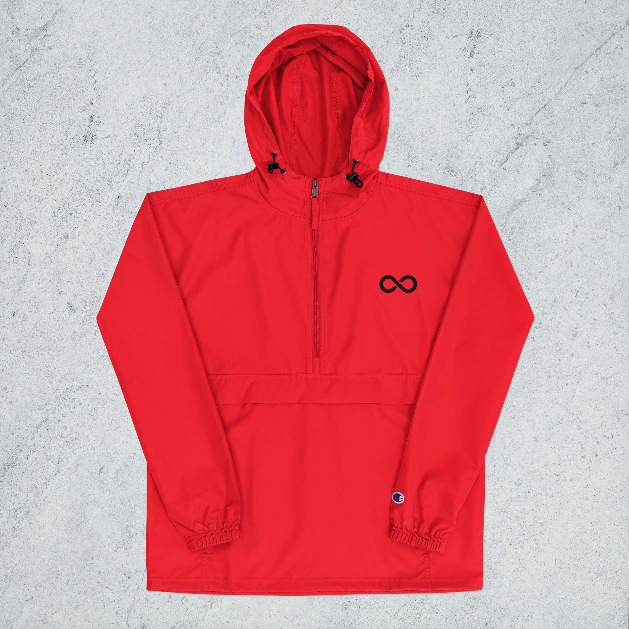 embroidered-champion-packable-jacket-scarlet-front-69c30f9086700.jpg YOUR VITAL PACKABLE JACKET - SCARLET / GRAPHITE / GOLD / LIGHT BLUE (BLACK LOGO) - CHAMPION X CLINITY TALENT - Image 1
